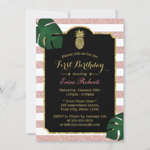 Modern Tropical Pineapple Hawaiian First Birthday Invitation