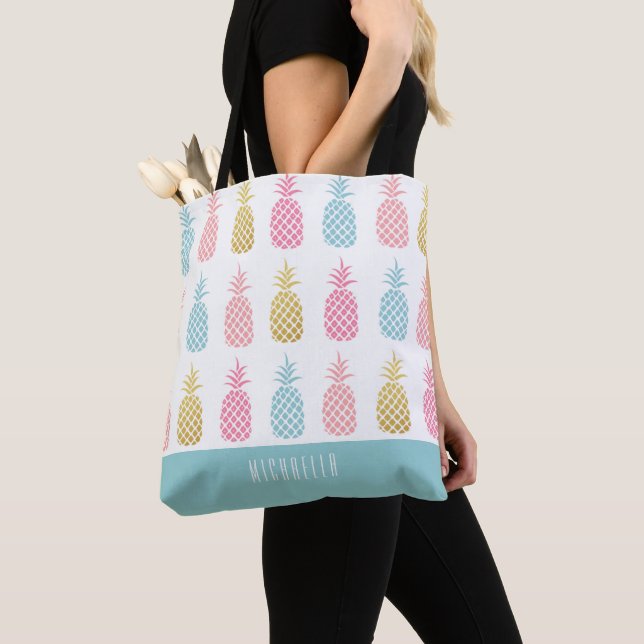 Modern Tropical Pineapple Monogram Tote Bag (Close Up)