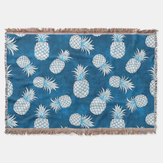 Modern Tropical Pineapple Watercolor Throw Blanket (Front)