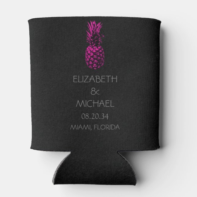 Modern Tropical Pineapple  Wedding Black Pink Can Cooler (Back)