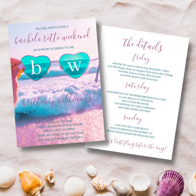 Modern Tropical Pink Bachelorette Beach Weekend Invitation (Beach themed bachelorette weekend invitation with trendy script font and itinerary in purple & blue)