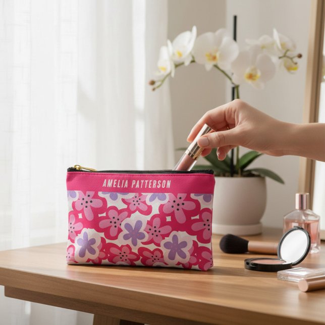 Modern Tropical Pink Floral Personalised Name Accessory Pouch (Creator Uploaded)