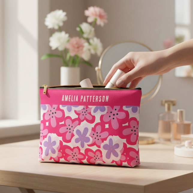Modern Tropical Pink Floral Personalised Name Accessory Pouch (Creator Uploaded)