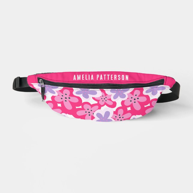 Modern Tropical Pink Floral Personalised Name Bum Bags (Front)
