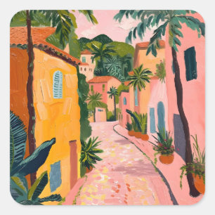 Modern Tropical Plant Print – Pink and Green Square Sticker
