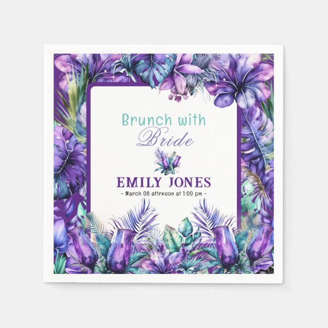 Modern tropical purple floral bridal brunch napkin (Front)