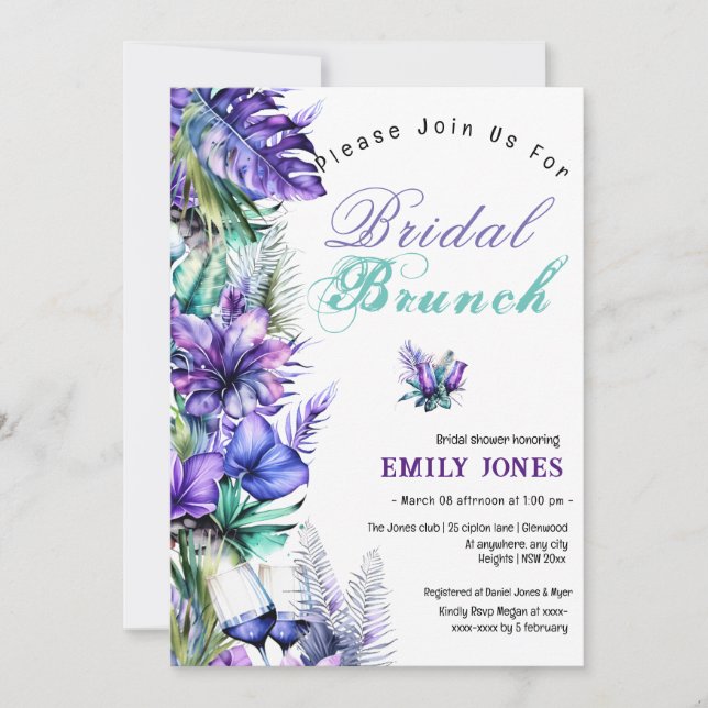 Modern tropical purple flower bridal brunch invitation (Front)