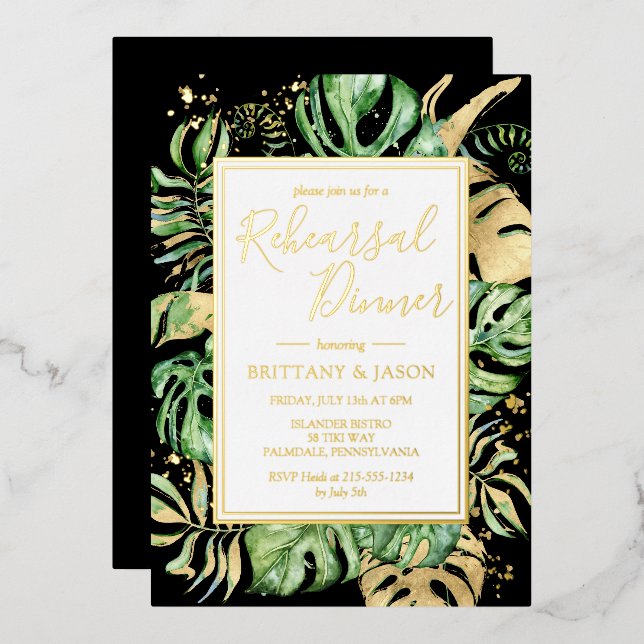 Modern Tropical Rehearsal Dinner Black & Gold (Front/Back)