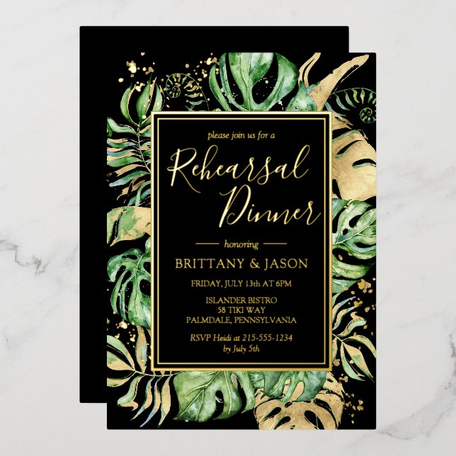 Modern Tropical Rehearsal Dinner Black & Gold (Front/Back)