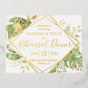 Modern Tropical Rehearsal Dinner Gold Foil Invitation Postcard