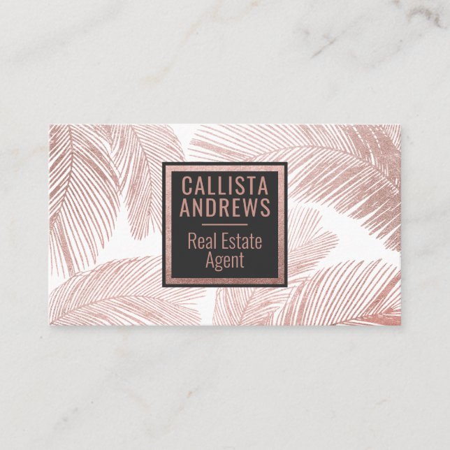 Modern Tropical Rose Gold White Palm Tree Leaf Business Card (Front)