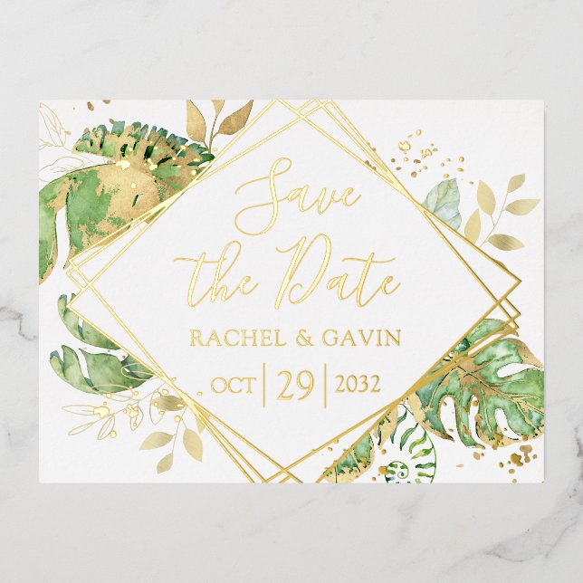 Modern Tropical Save the Date Foil Invitation Postcard (Front)