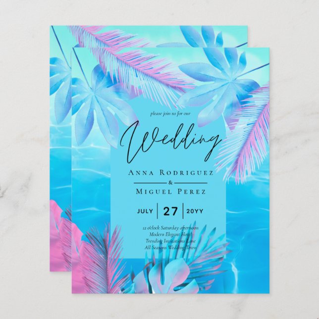 Modern Tropical Summer Aqua Blue Pink Wedding (Front/Back)