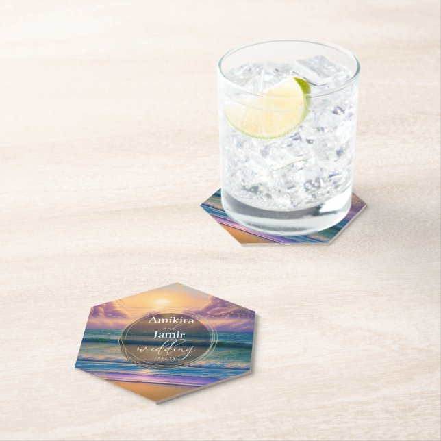 Modern Tropical Sunset Colourful Beach Paper Coaster (Insitu)