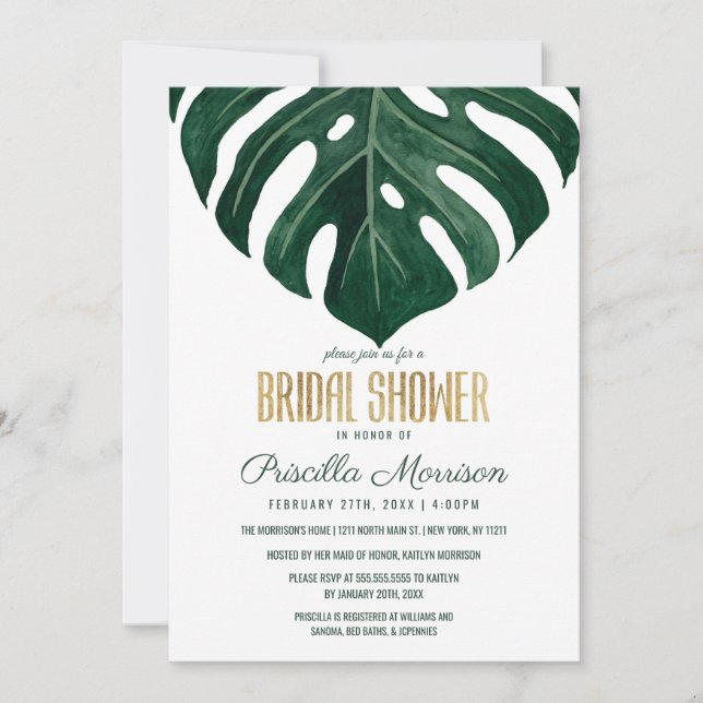 Modern Tropical Swiss Cheese Gold Bridal Shower Invitation (Front)