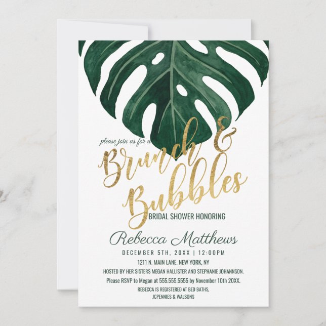 Modern Tropical Swiss Cheese Gold Brunch Bubbles Invitation (Front)