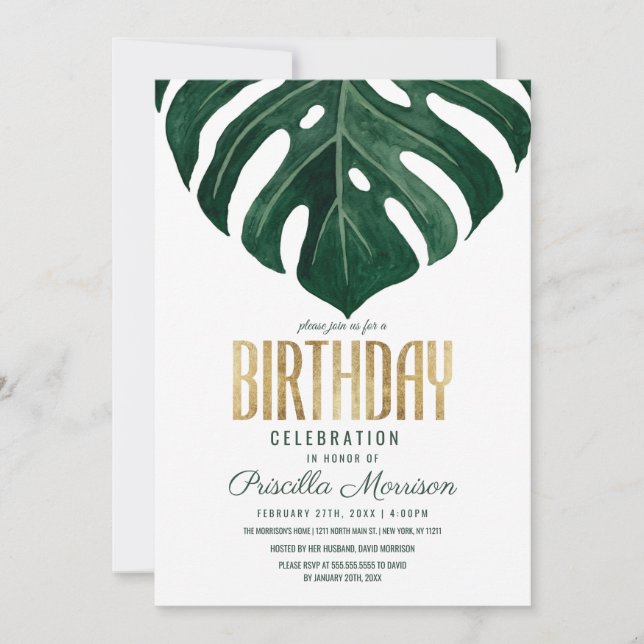 Modern Tropical Swiss Cheese Leaf Gold Birthday Invitation (Front)