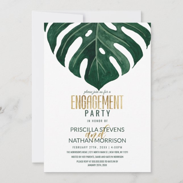 Modern Tropical Swiss Cheese Leaf Gold Engagement Invitation (Front)