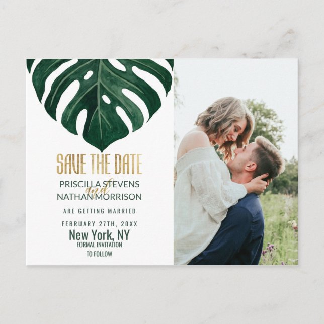 Modern Tropical Swiss Cheese Leaf Gold Save Date Postcard (Front)