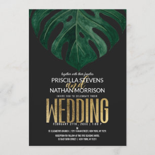 Modern Tropical Swiss Cheese Leaf Gold Wedding Invitation