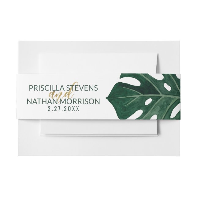Modern Tropical Swiss Cheese Leaf Gold Wedding Invitation Belly Band (Front Example)