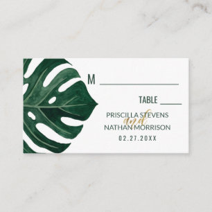 Modern Tropical Swiss Cheese Leaf Gold Wedding Place Card