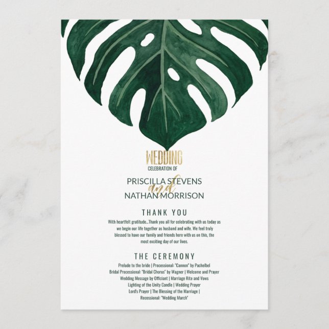 Modern Tropical Swiss Cheese Leaf Gold Wedding Program (Front)