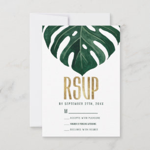 Modern Tropical Swiss Cheese Leaf Gold Wedding RSVP Card