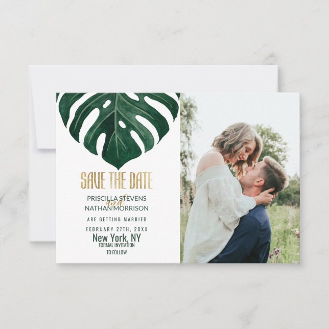 Modern Tropical Swiss Cheese Leaf Gold Wedding Save The Date (Front)