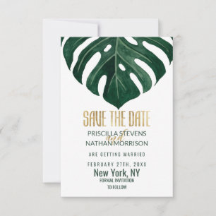 Modern Tropical Swiss Cheese Leaf Gold Wedding Save The Date