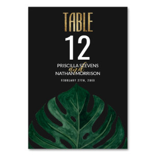 Modern Tropical Swiss Cheese Leaf Gold Wedding Table Number