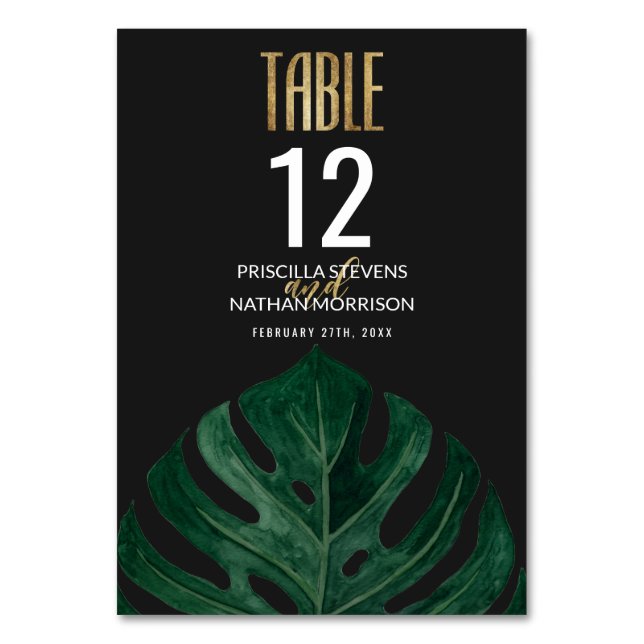 Modern Tropical Swiss Cheese Leaf Gold Wedding Table Number (Front)
