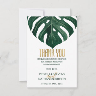 Modern Tropical Swiss Cheese Leaf Gold Wedding Thank You Card