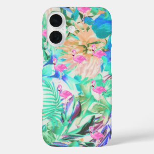 Modern tropical teal pink floral flamingo iPhone 16 case