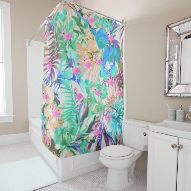 Modern tropical teal pink floral flamingo shower curtain (In Situ)