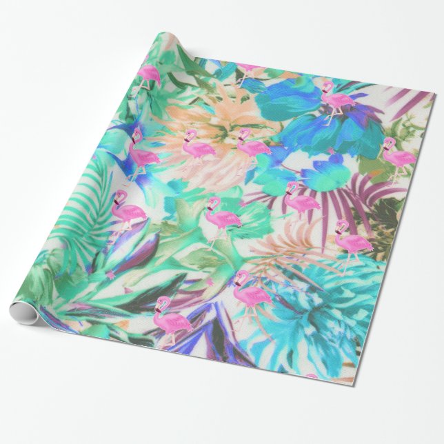 Modern tropical teal pink floral flamingo wrapping paper (Unrolled)