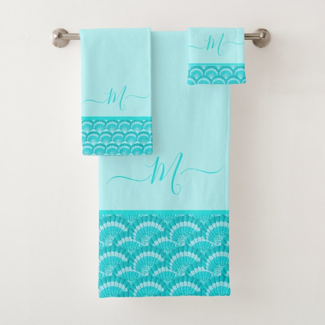 Modern Tropical Teal Turquoise Aqua Blue Seashell  Bath Towel Set (Insitu)
