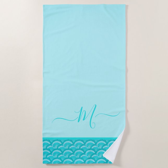 Modern Tropical Teal Turquoise Aqua Blue Seashell  Beach Towel (Front)