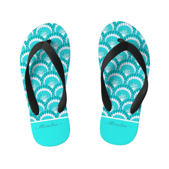 Modern Tropical Teal Turquoise Aqua Seashell Shell Kid's Thongs (Footbed)