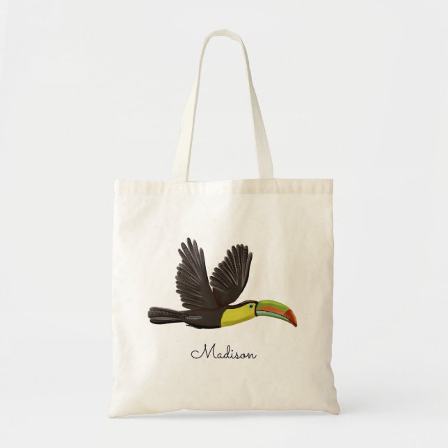 Modern Tropical Toucan Bird Personalised Script Tote Bag (Front)