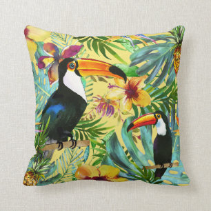 Modern Tropical Toucan Paradise w/ Palm Pineapple Cushion