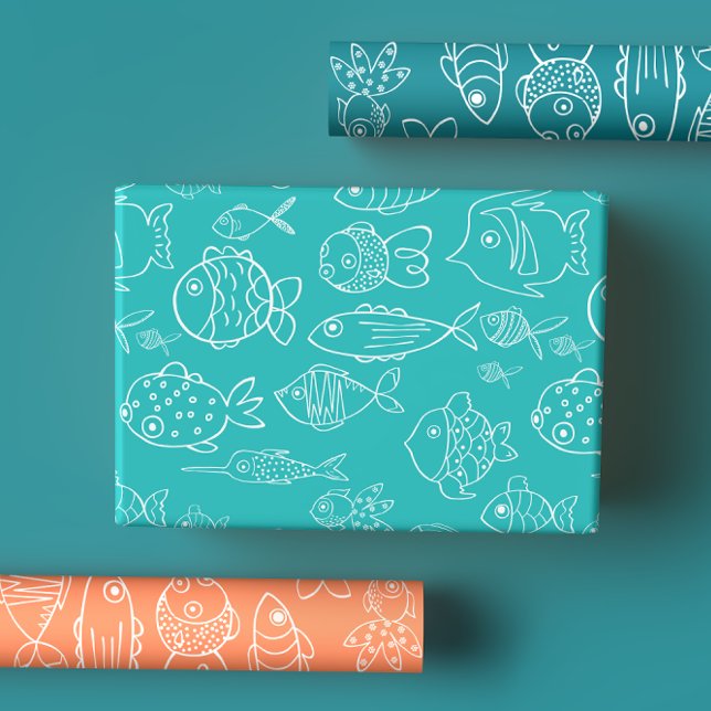 Modern Tropical Turquoise & Coral Fish Pattern Wrapping Paper Sheet (Creator Uploaded)