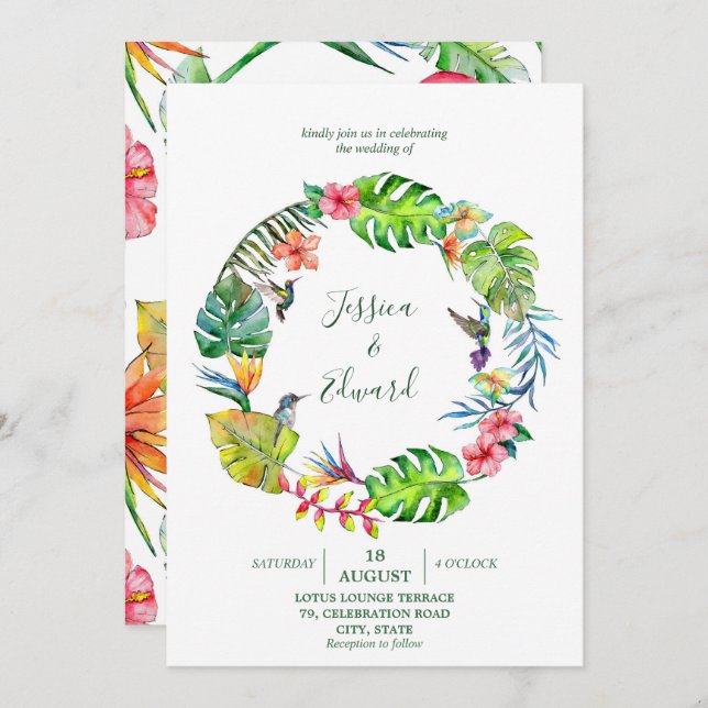 Modern Tropical Watercolor Floral Wreath Invitation (Front/Back)