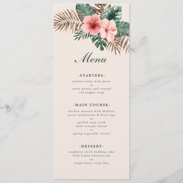 Modern Tropical Watercolor Foliage Wedding  Menu (Front)