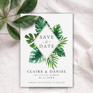 Modern Tropical Watercolor Leaves Green Save The Date