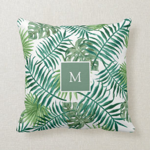 Modern tropical watercolor leaves monogrammed cushion