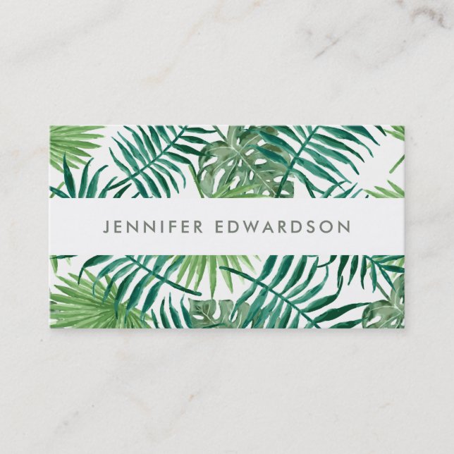 Modern tropical watercolor leaves professional business card (Front)