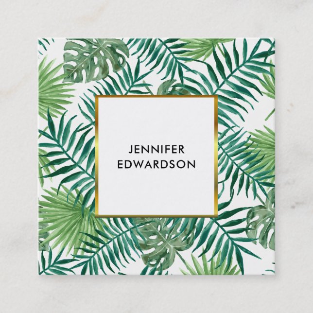 Modern tropical watercolor leaves professional square business card (Front)
