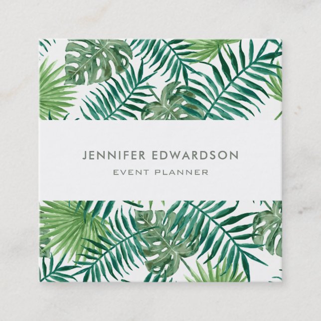 Modern tropical watercolor leaves professional square business card (Front)