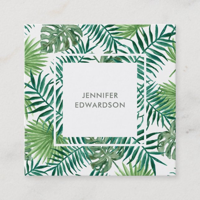 Modern tropical watercolor leaves professional square business card (Front)